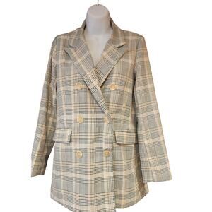 EUC IVIVI Plaid Double Breasted Long Blazer Ivory, Navy, Brown Sz S‎